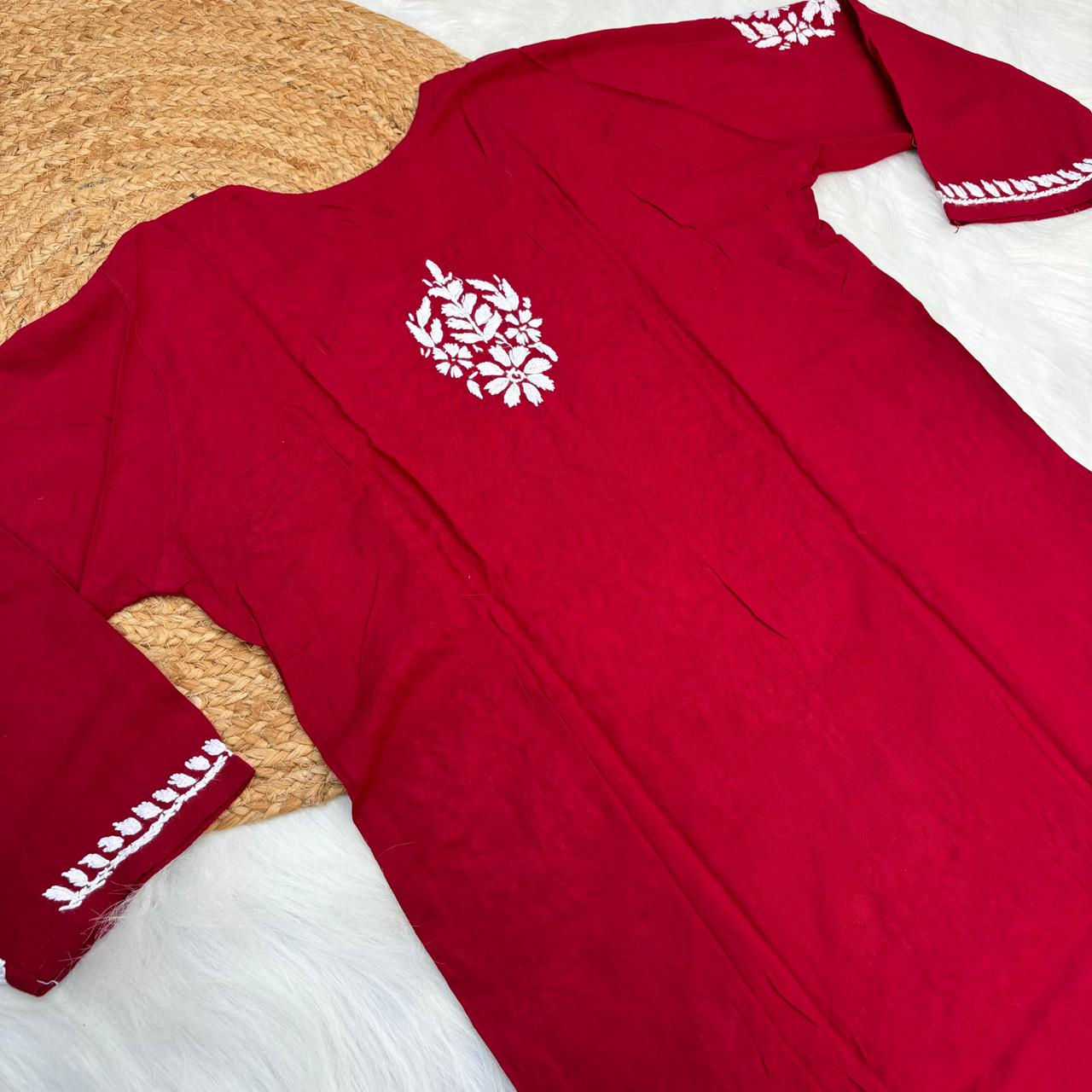 Jannat Soft Rayon Chikankari Kurti Plazo Set - Maroon colour - Chikankaar