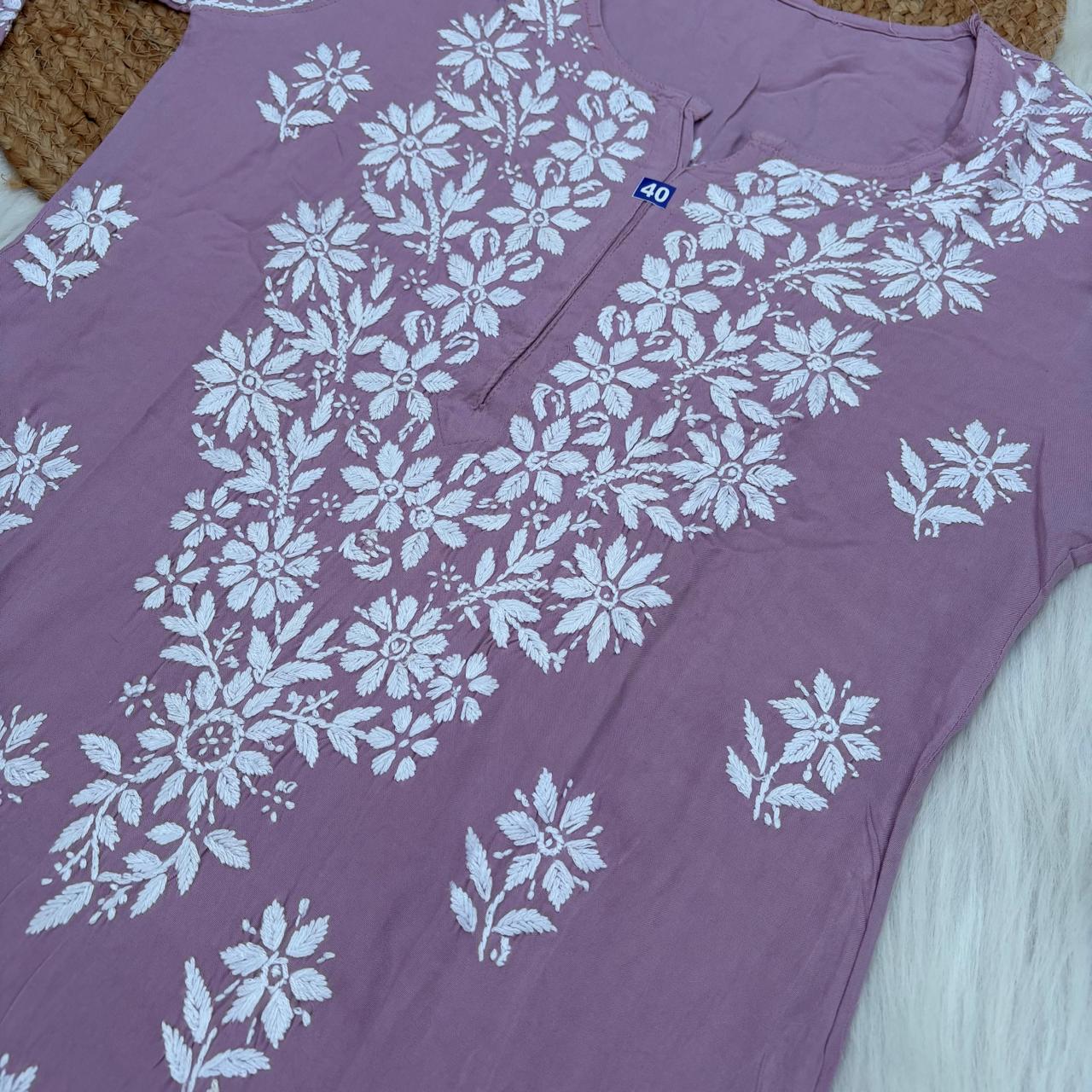 Maya Rayon Chikankari Kurti Plazo Set - Lavender Colour