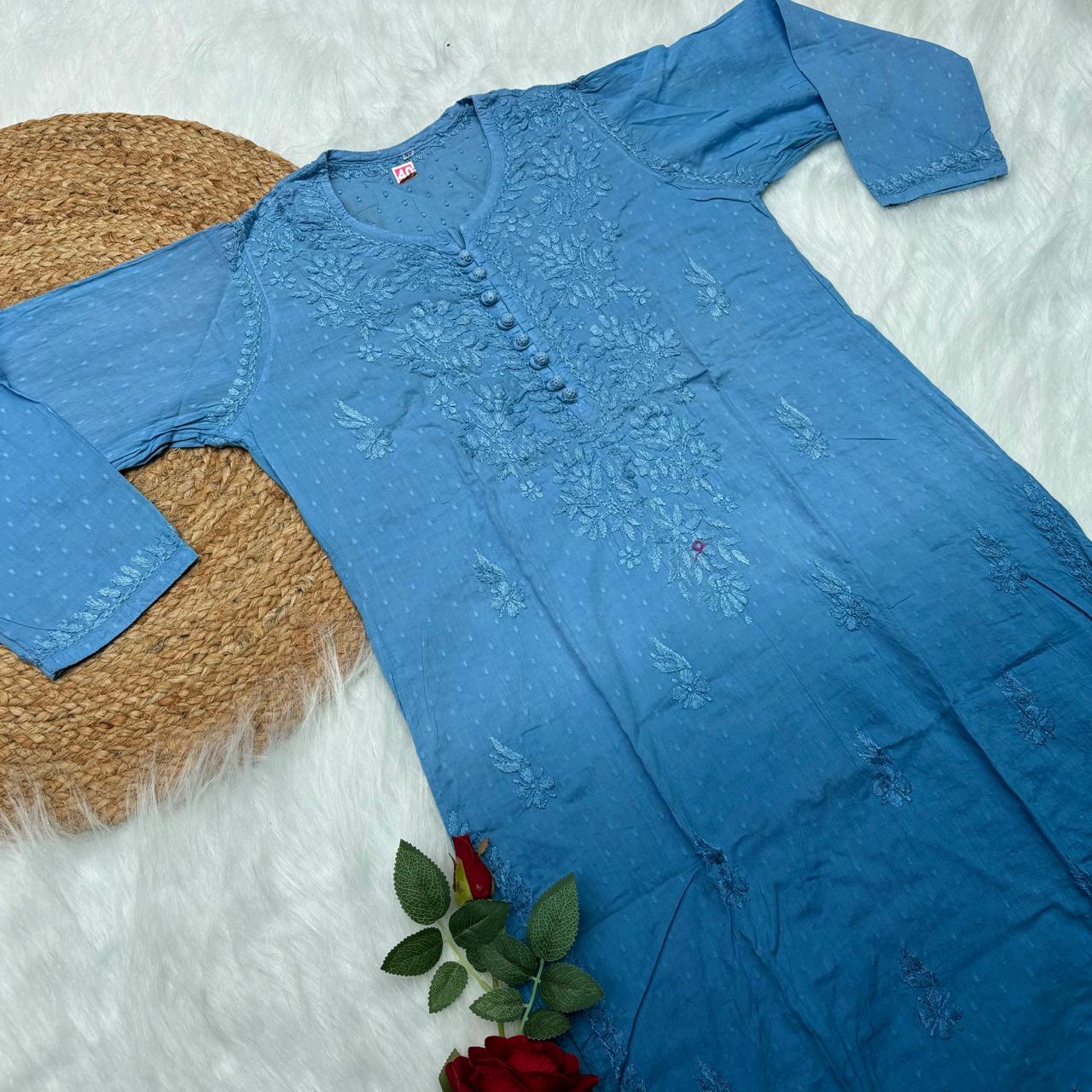 Adaah Ombre Shaded Dobby Cotton Chikankari Kurti - Sky Blue - Chikankaar