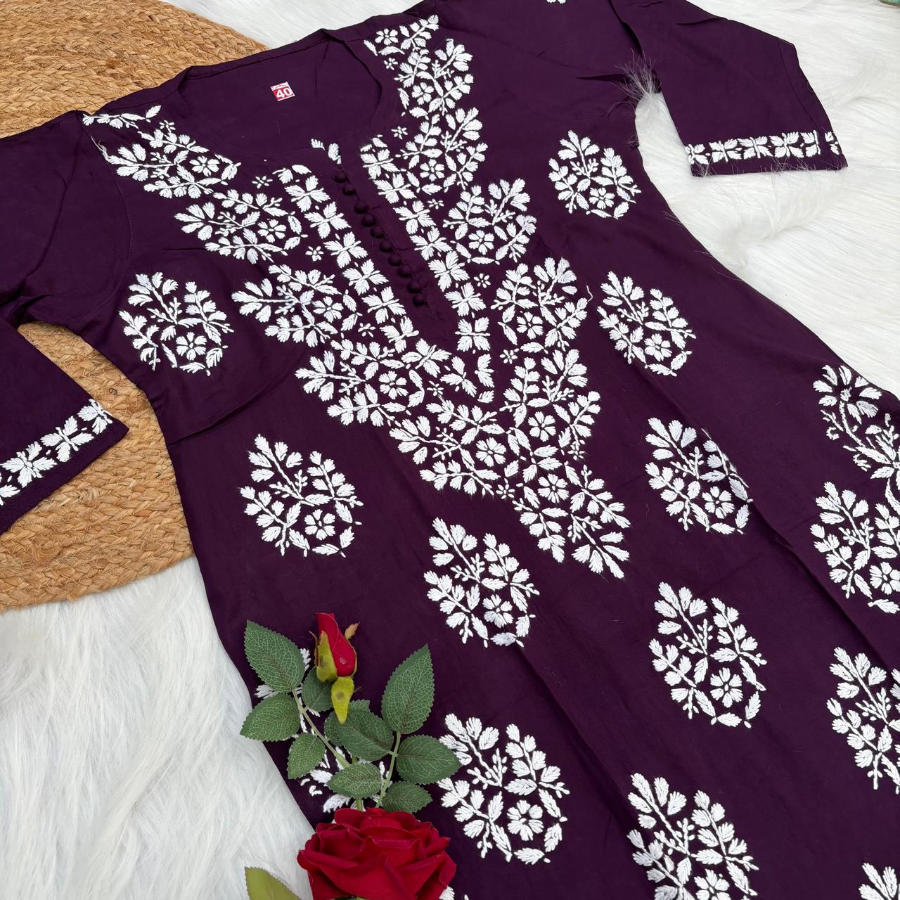 Ameena Soft Rayon Chikankari Kurti - Wine Colour