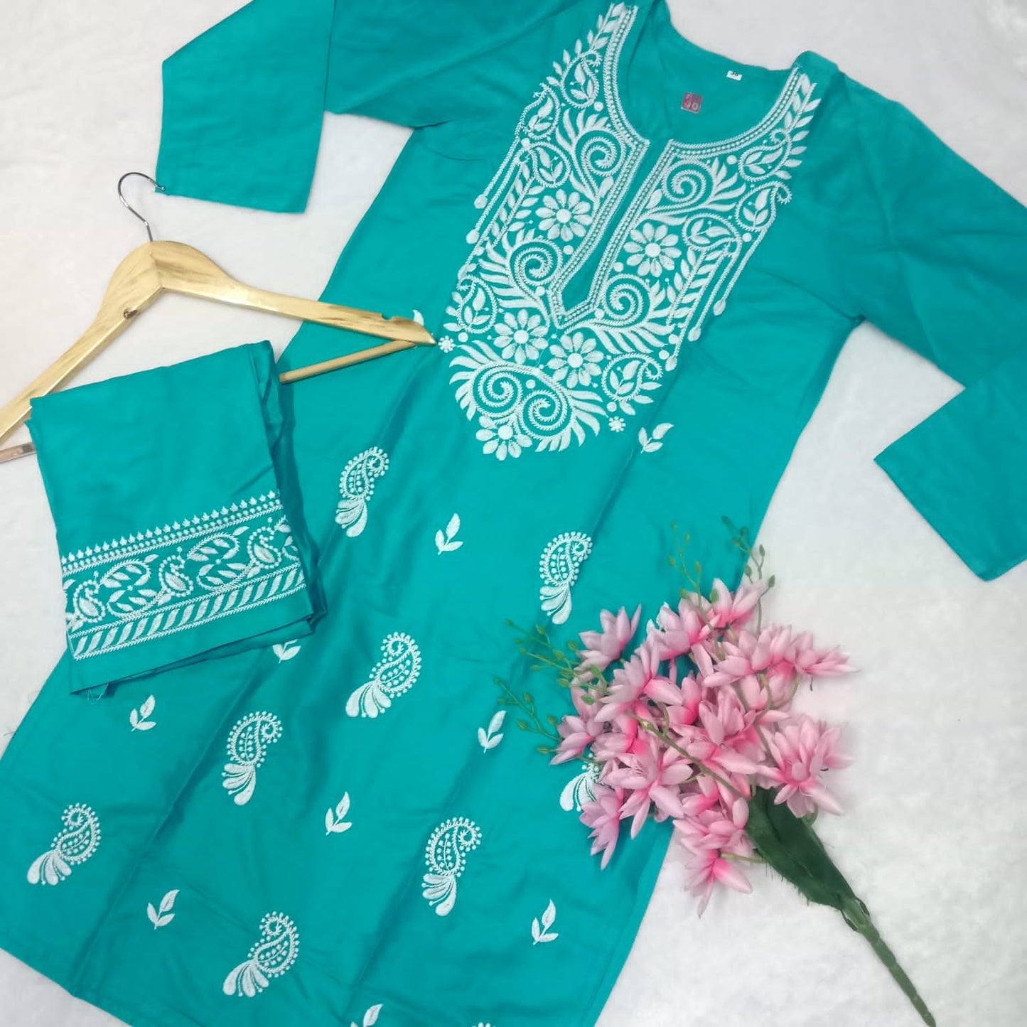Rayon Chikankari Machine Work Kurti Plazo Set- Sea Green Colour - Chikankaar