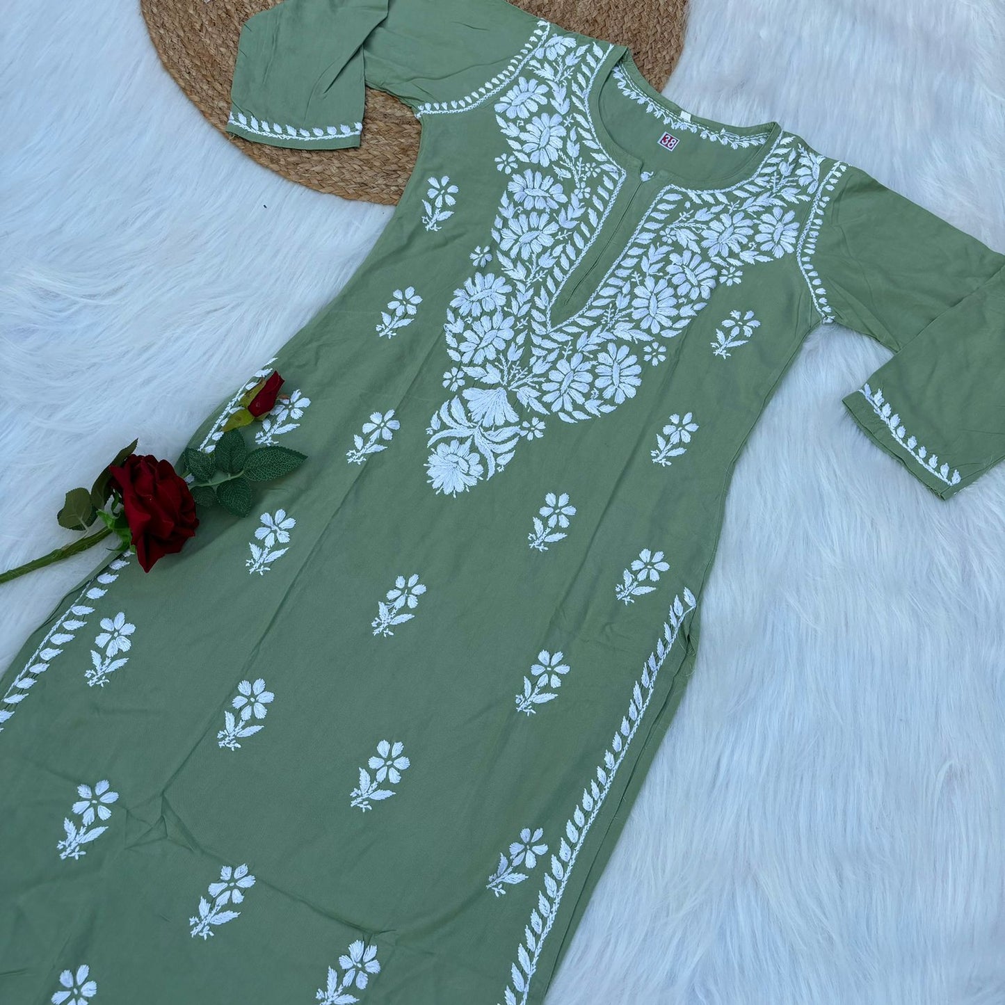 Hiba Soft Rayon Chikankari Kurti - Pista Colour - Chikankaar
