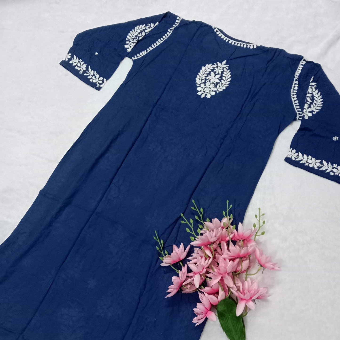 PREMIUM MODAL SILK CHIKANKARI KURTI - BLUE COLOR - Chikankaar
