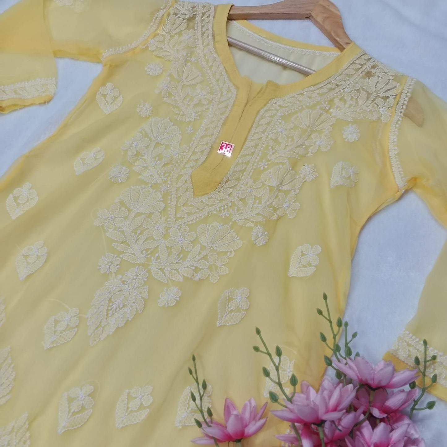 GRACEFUL GEORGETTE CHIKANKARI CROSS PANEL KURTI WITH INNER - YELLOW COLOUR - Chikankaar
