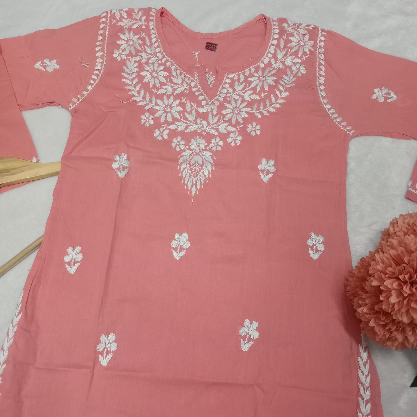 Cotton Chikankari Handwork Short Kurti - Peach Colour - Chikankaar