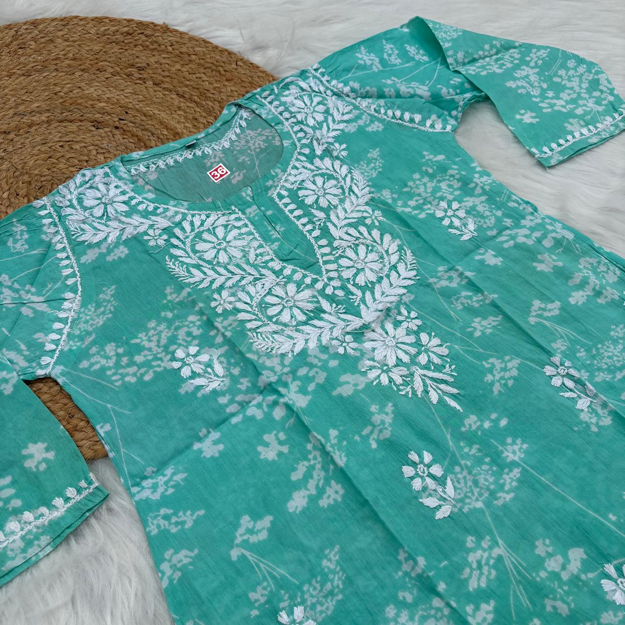 Malika Pure Mulmul Cotton Short Kurti - Sea green Colour