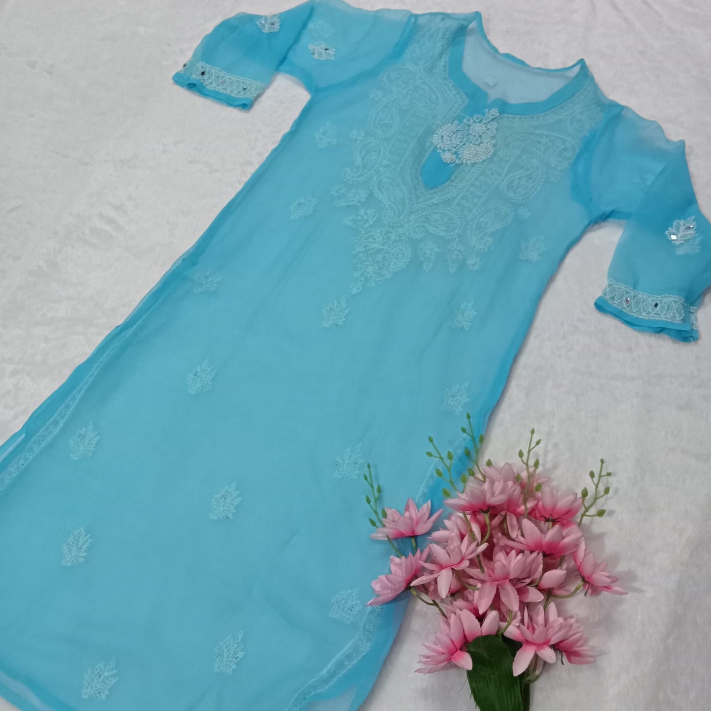GEORGETTE MIRROR WORK CHIKANKARI KURTI WITH INNER- SKY BLUE - Chikankaar
