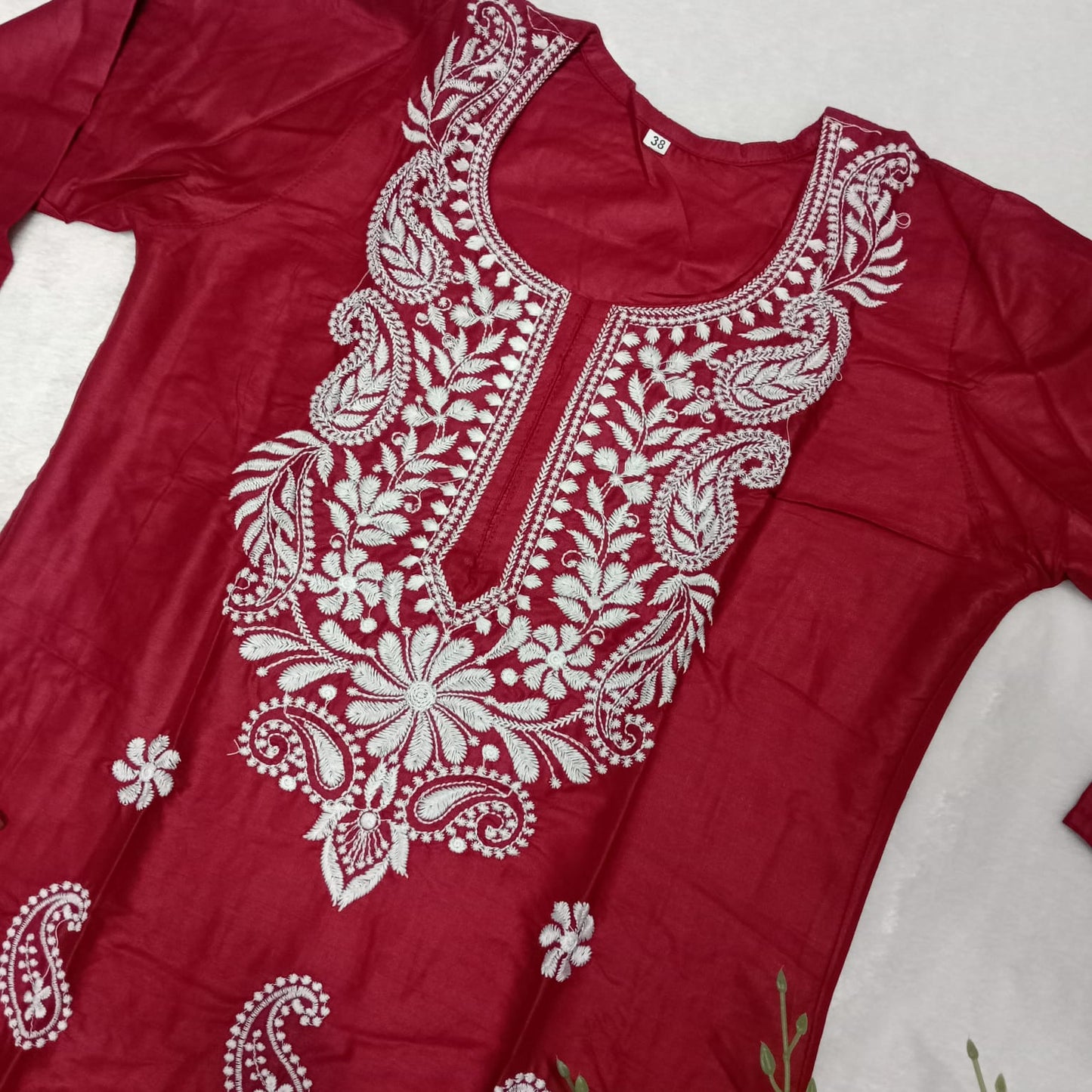 Rayon Chikankari Machine Work Kurti Plazo Set- Red Colour - Chikankaar