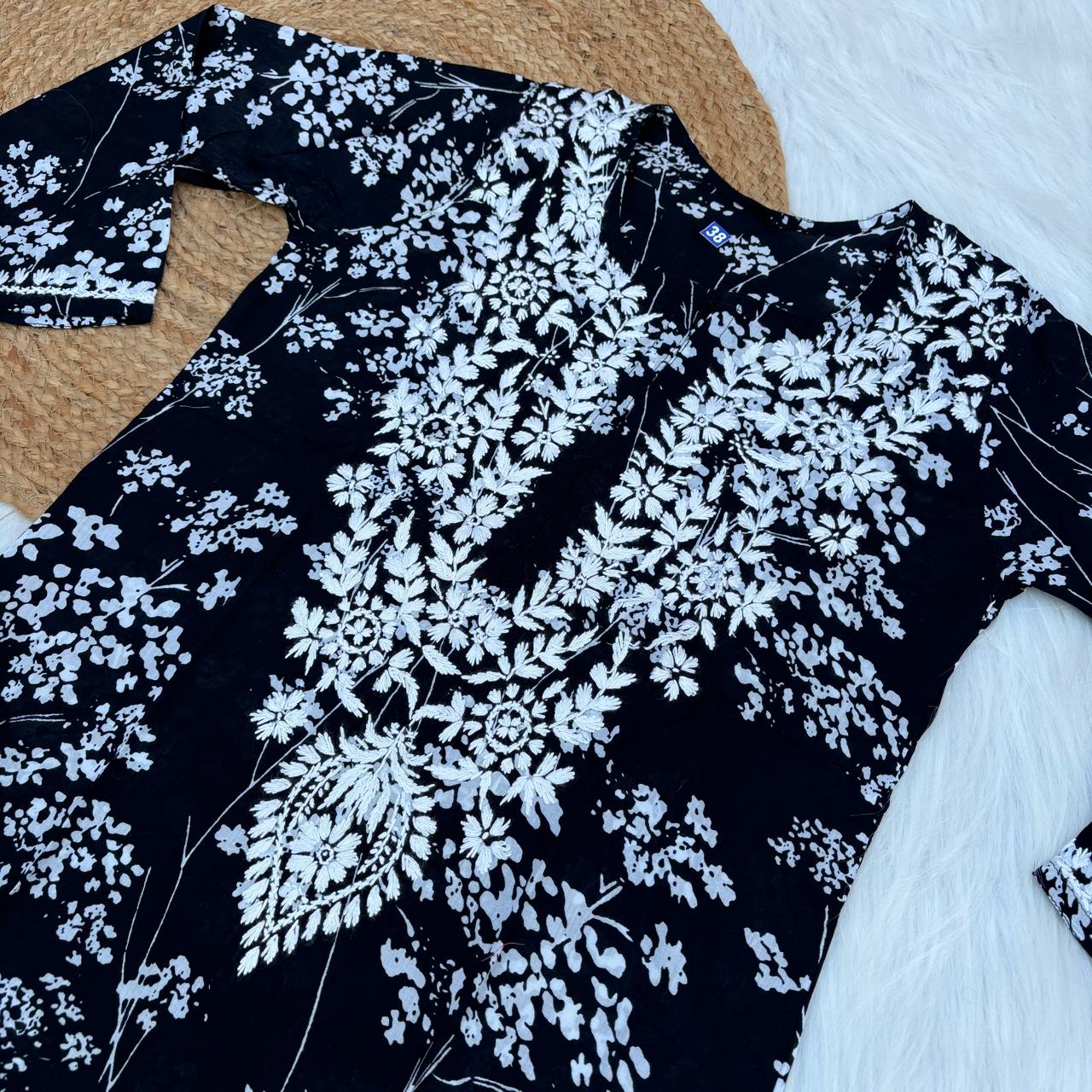 Mahira Sharma Inspired Pure Mulmul Printed Chikankari Handwork Kurti - Black Colour - Chikankaar