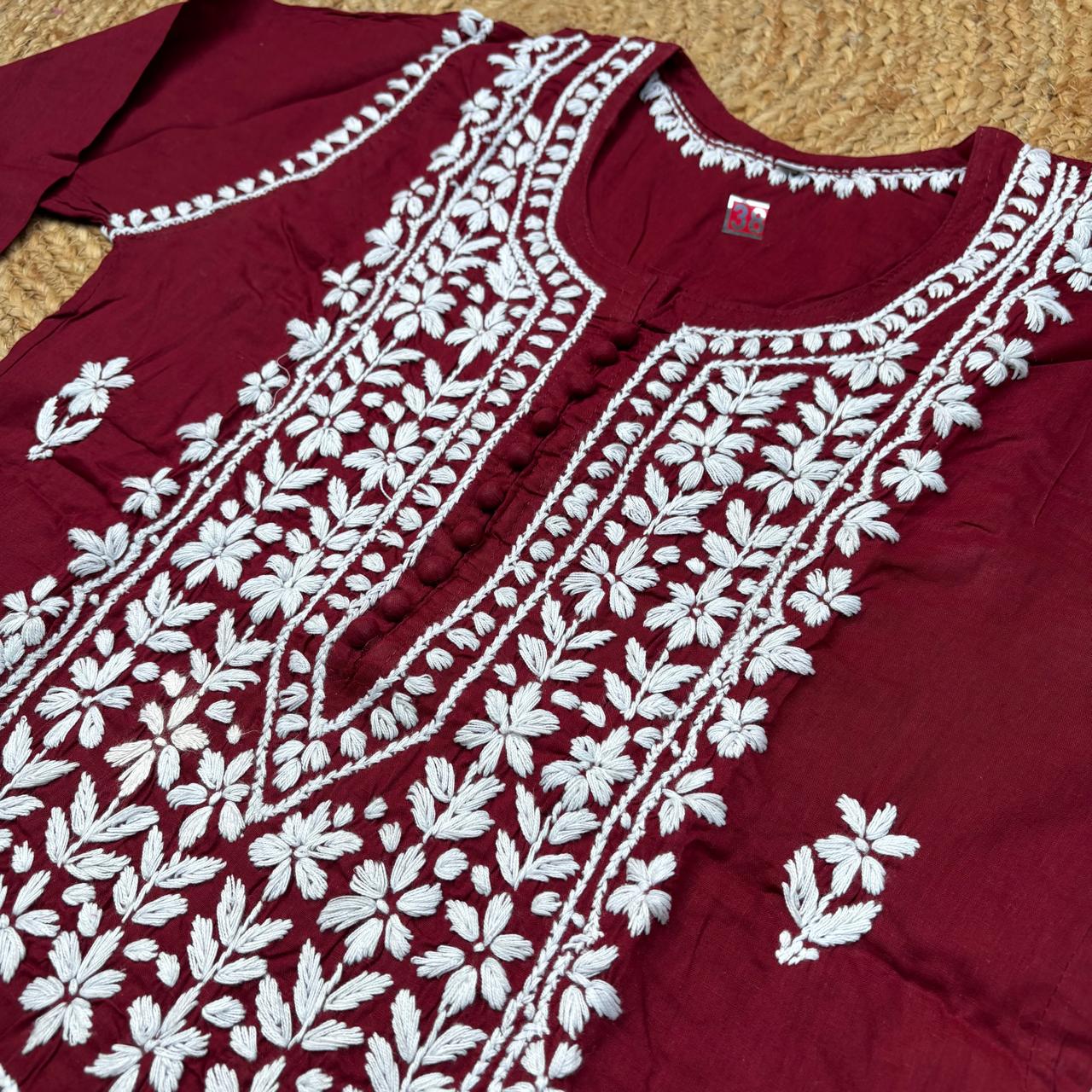 Shanaya Pure Cotton Chikankari Kurti Maroon Colour
