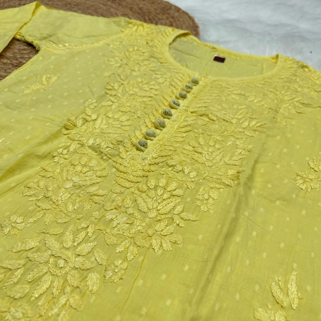Adaah Ombre Shaded Dobby Cotton Chikankari Kurti -Yellow - Chikankaar