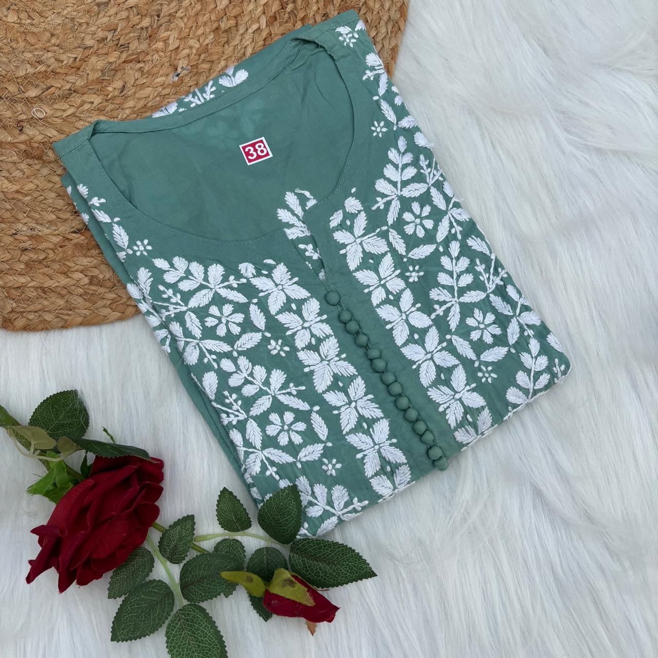 Ameena Soft Rayon Chikankari Kurti - Pista Colour