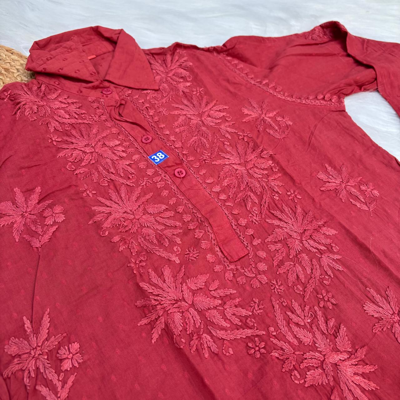 Sadia Dobby Cotton Ombre Shaded Chikankari Kurti with Collar - Red Colour
