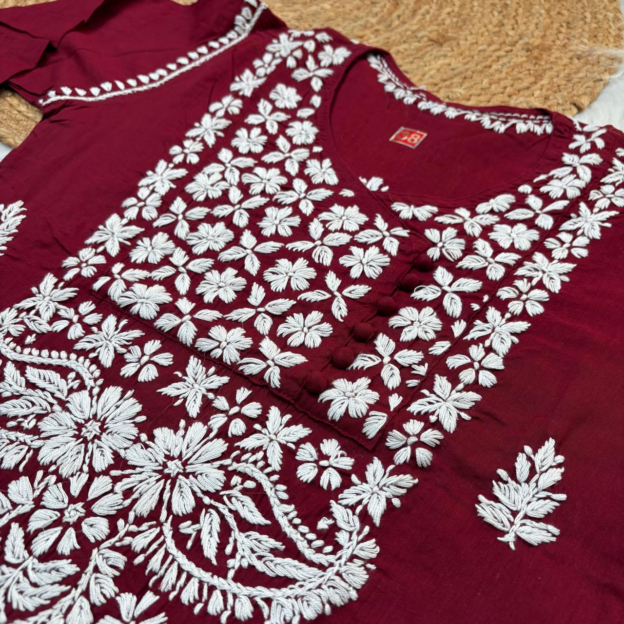 Sabeena Pure Cotton Chikankari Kurti Maroon Colour