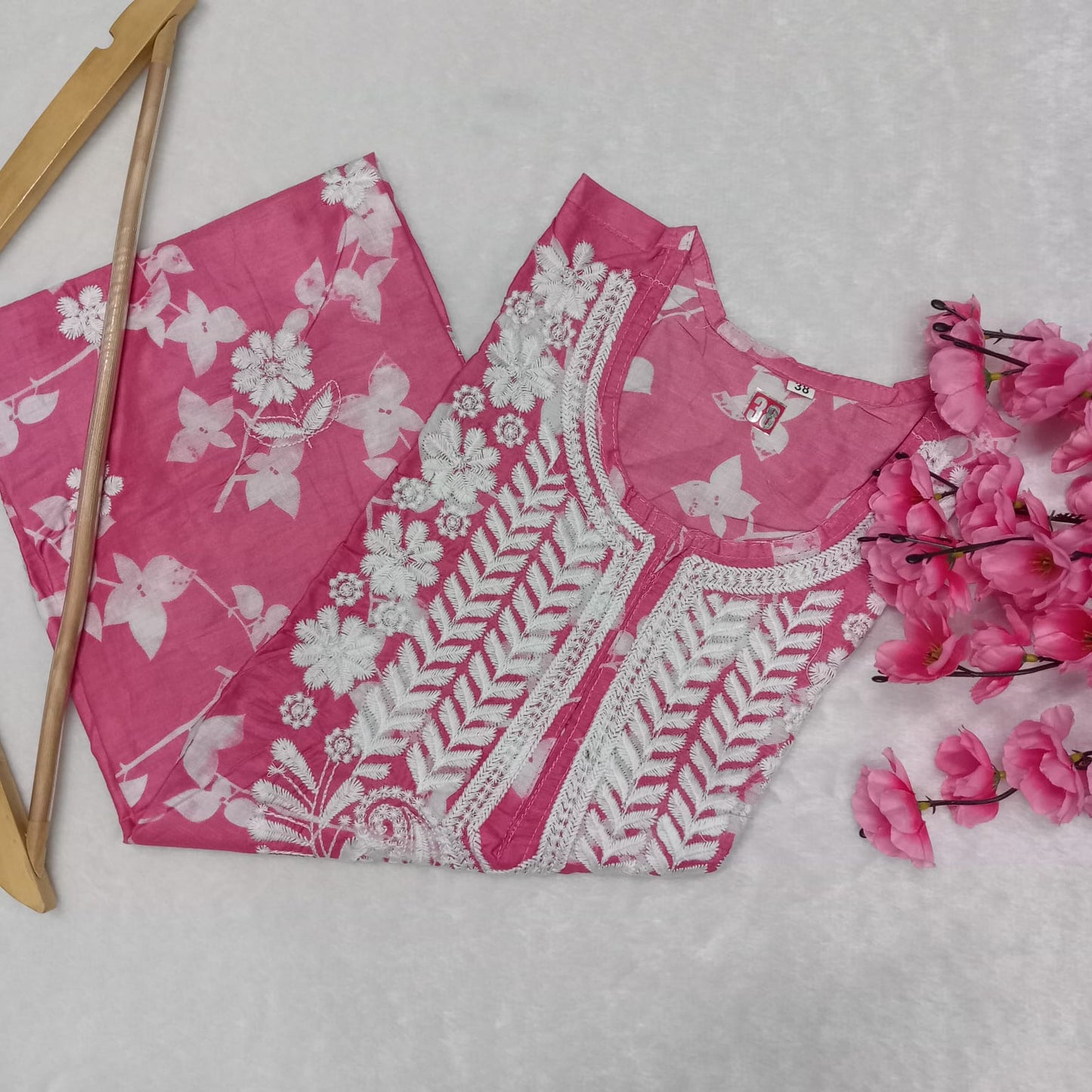Mulmul Cotton Chikankari Machine Work Kurti - Pink Colour - Chikankaar