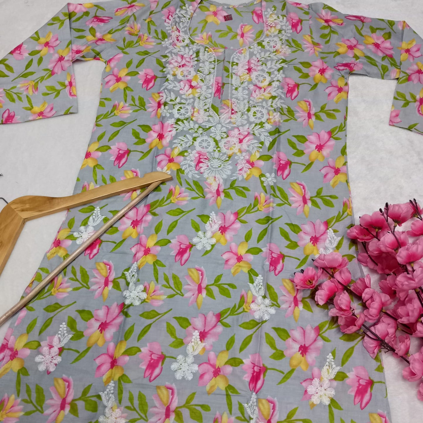 Mulmul Cotton Chikankari Machine Work Kurti -Grey Colour - Chikankaar