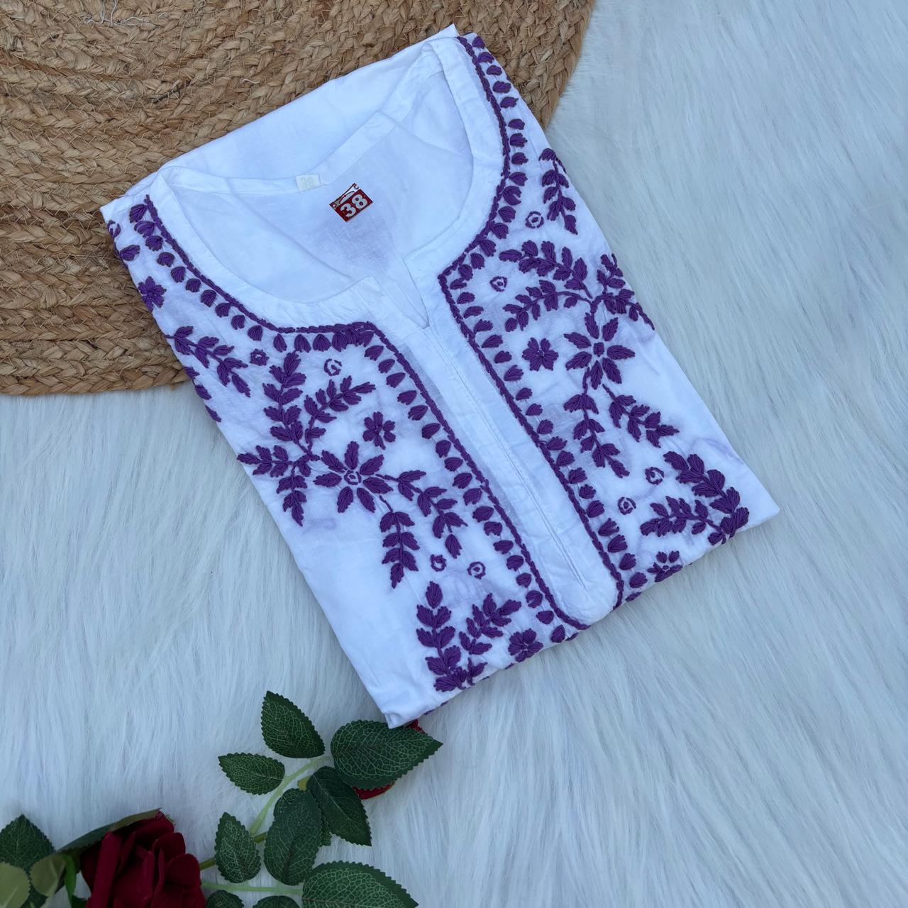 Shraddha Kapoor inspired Pure Cotton Chikankari Kurti - Purple Colour - Chikankaar