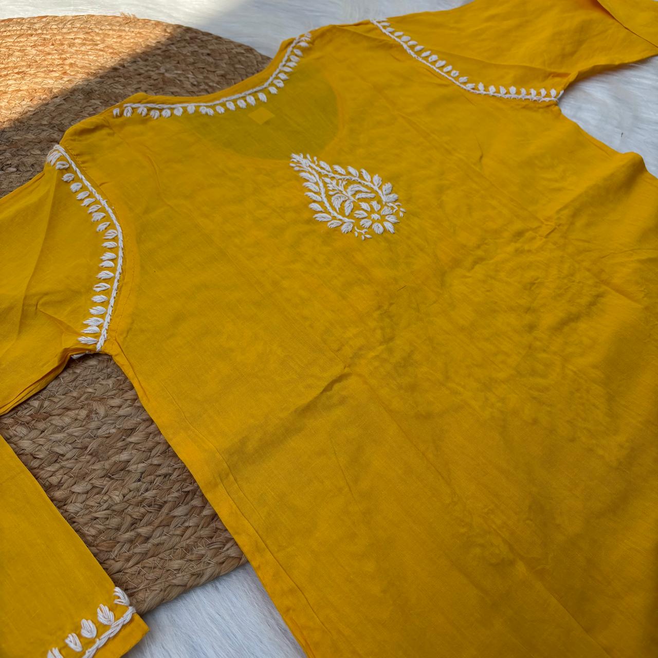 Sabeena Pure Cotton Chikankari Kurti Yellow Colour