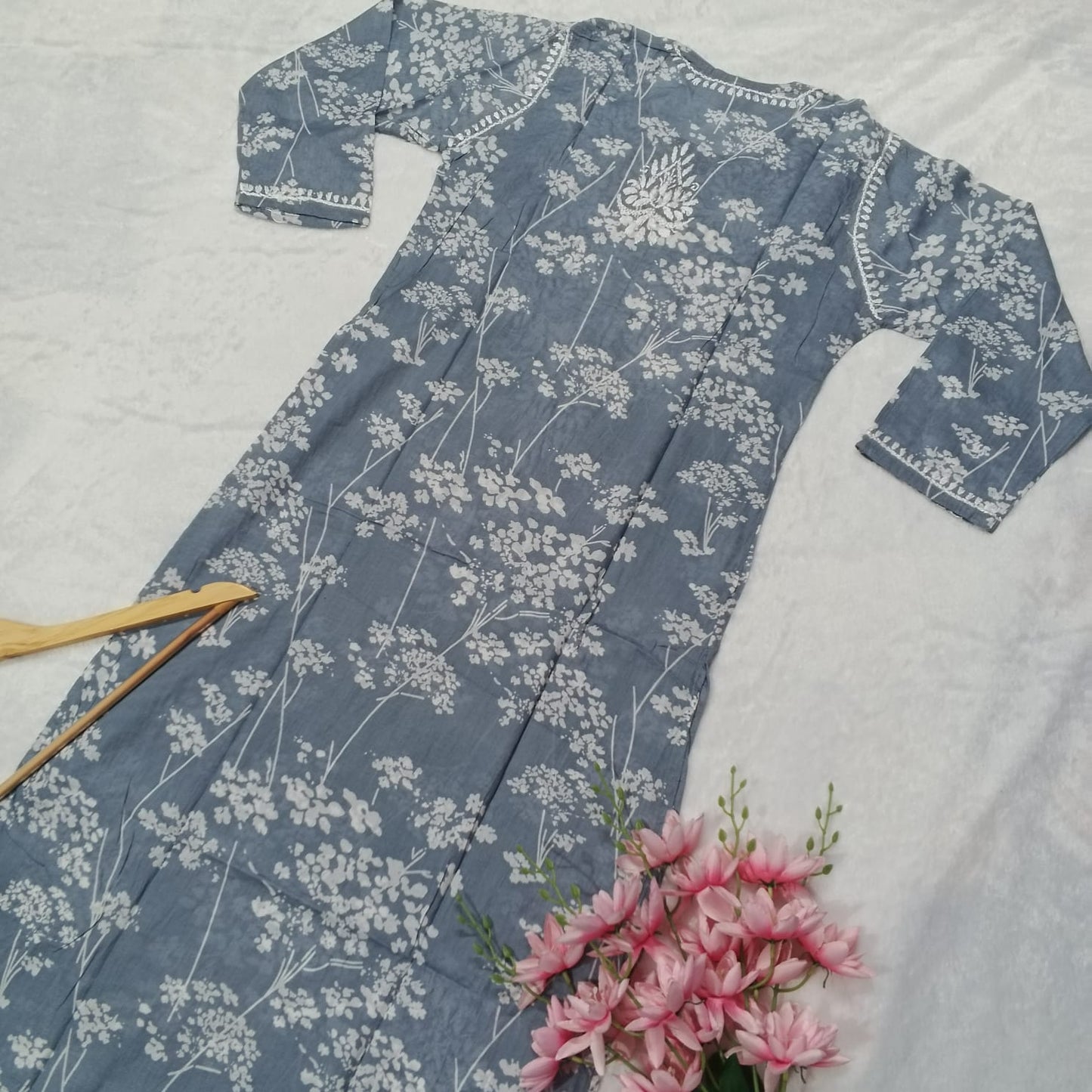 Manushi Chhillar Inspired Pure Mulmul Printed Chikankari Handwork Kurti - Grey Colour - Chikankaar