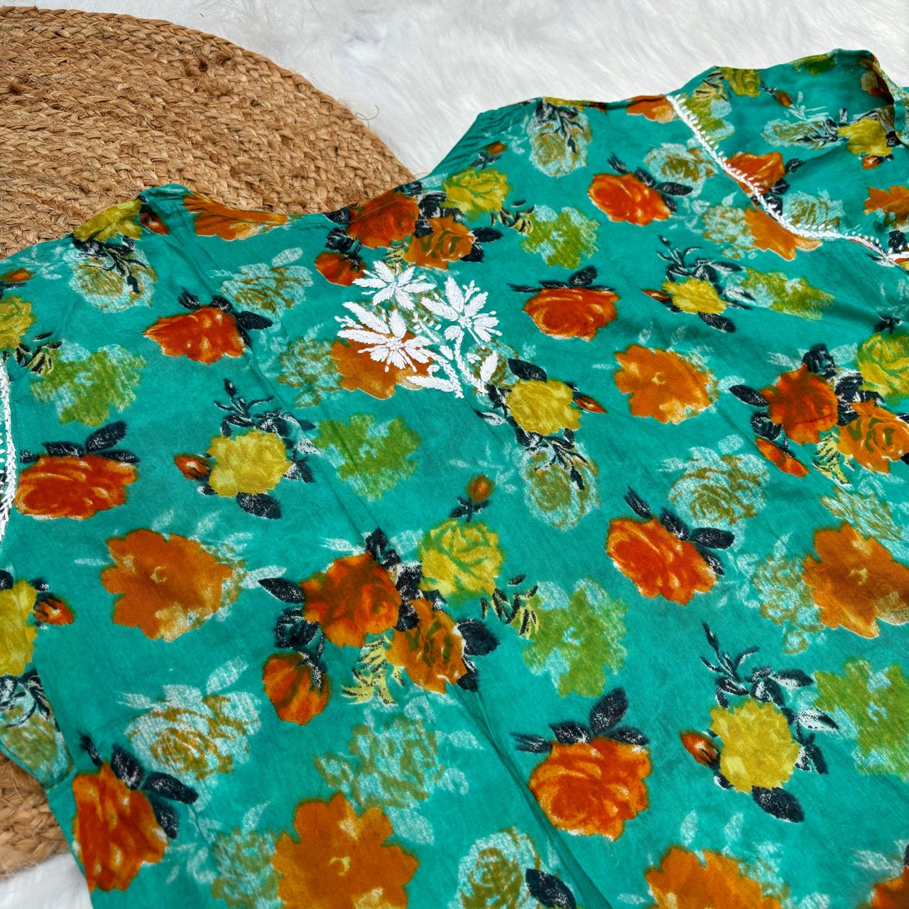 Plus size special-Dhanashree Inspired Mulmul Floral Printed Chikankari Handwork Kurti -Sea Green Colour - Chikankaar