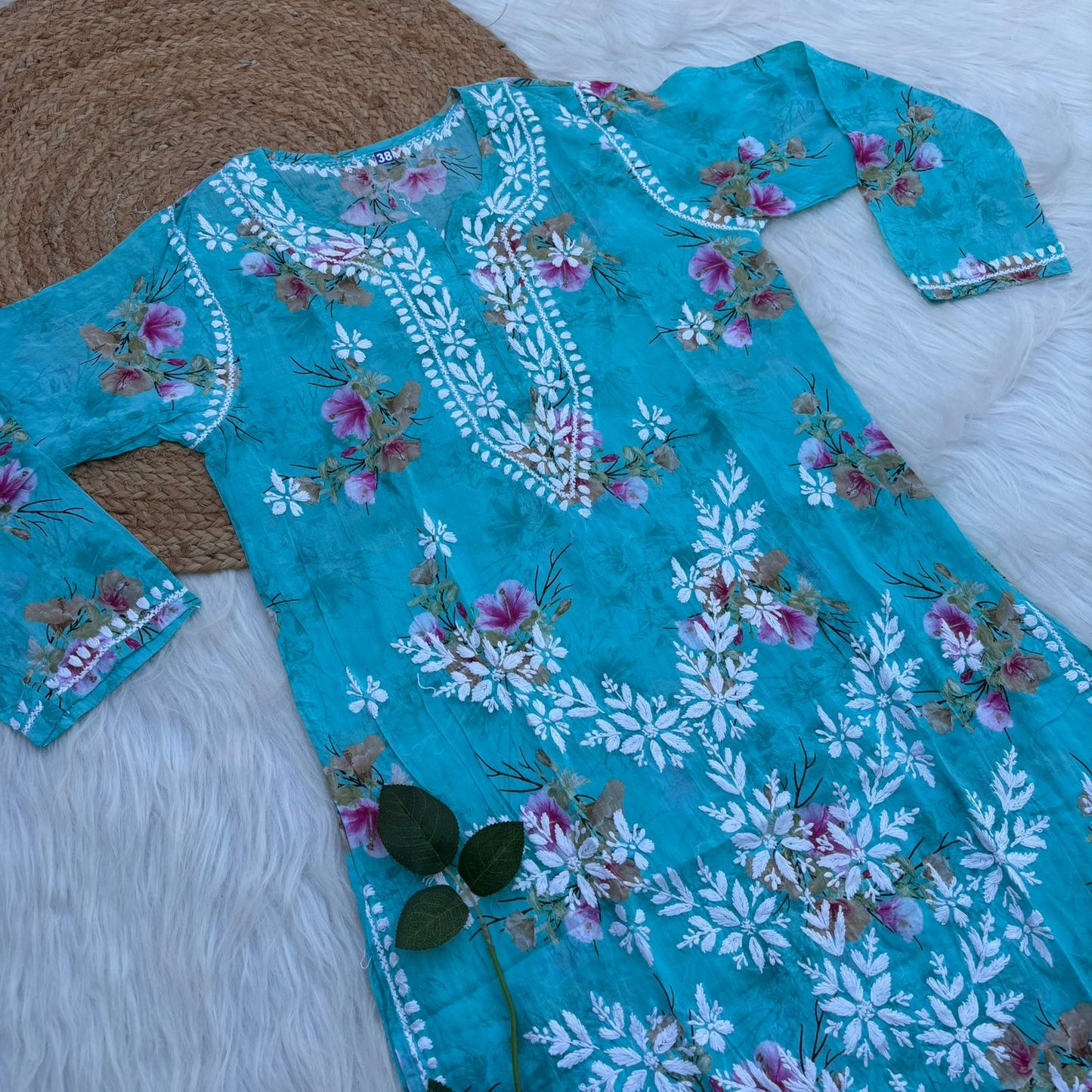 Rasha Pure Mulmul Chikankari Kurti - Sea Green Colour