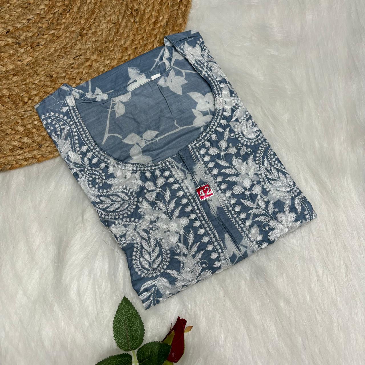 Mulmul Cotton Chikankari Machine Work Kurti -Grey Colour - Chikankaar