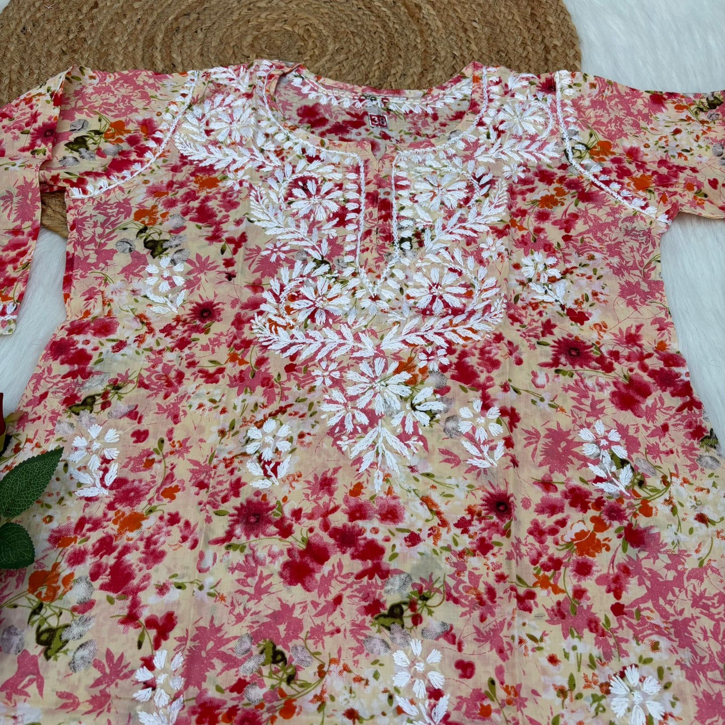 Nura Pure Mulmul Cotton Short Kurti - Red Colour - Chikankaar