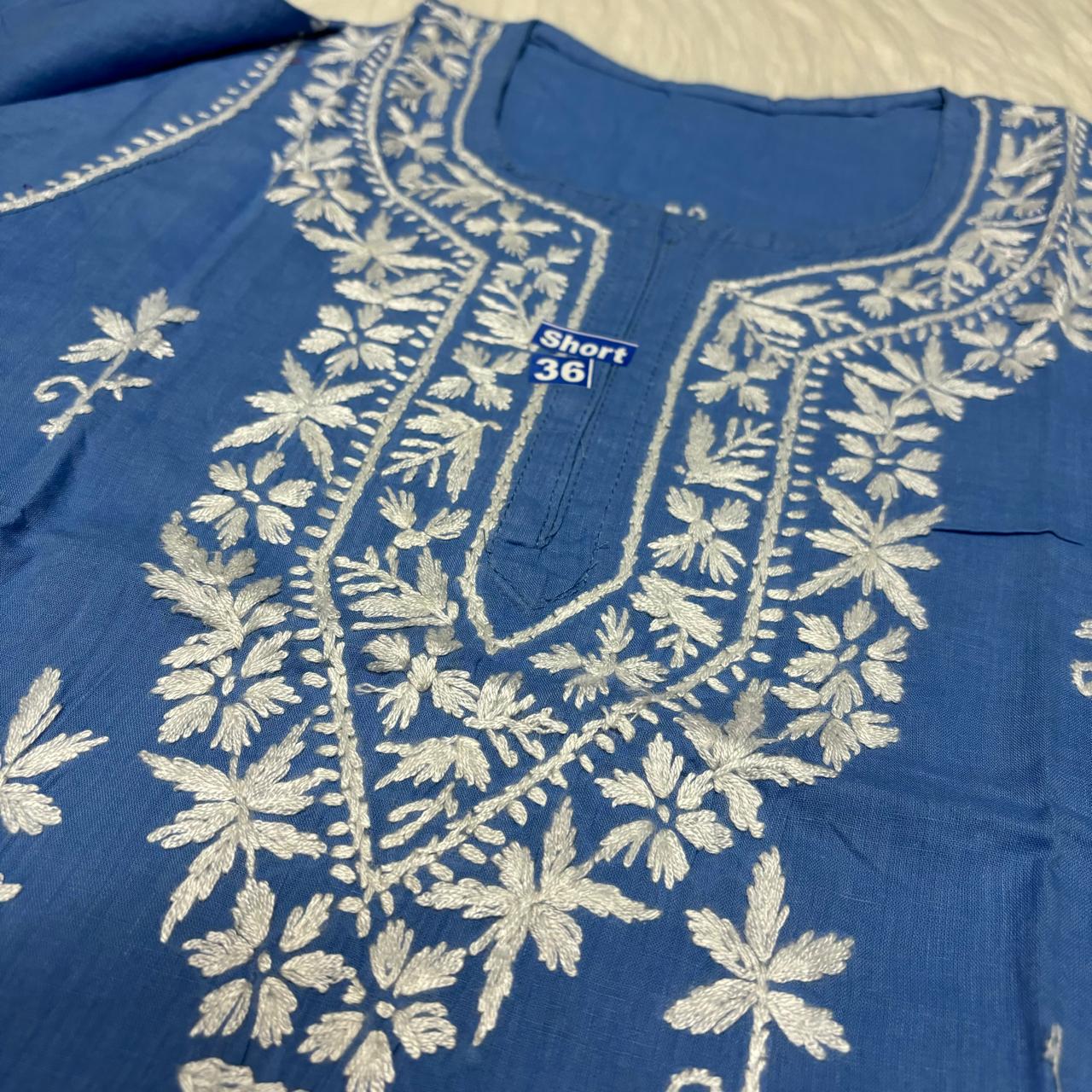 Ziya Pure Cotton Chikankari Short Top- Sky Blue Colour - Chikankaar