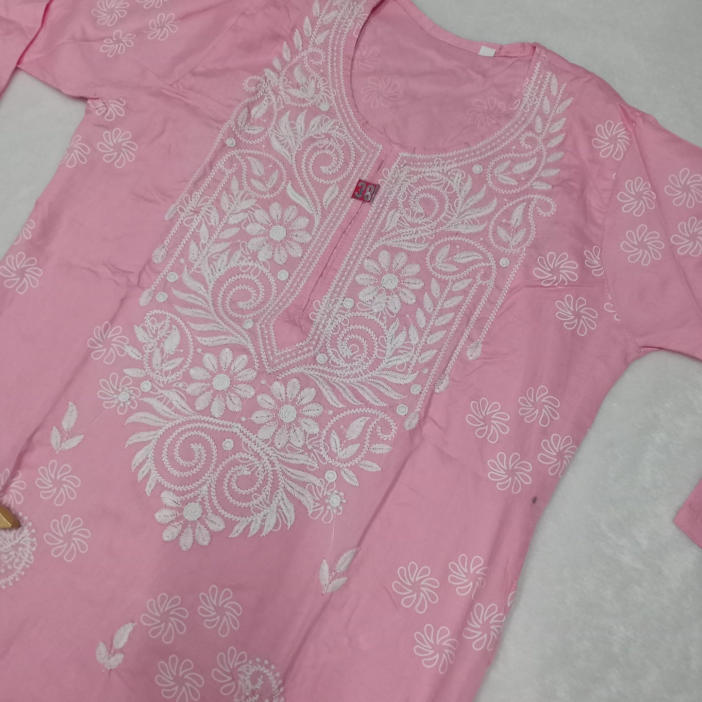 Rayon Chikankari Machine Work Kurti -Pink Colour - Chikankaar