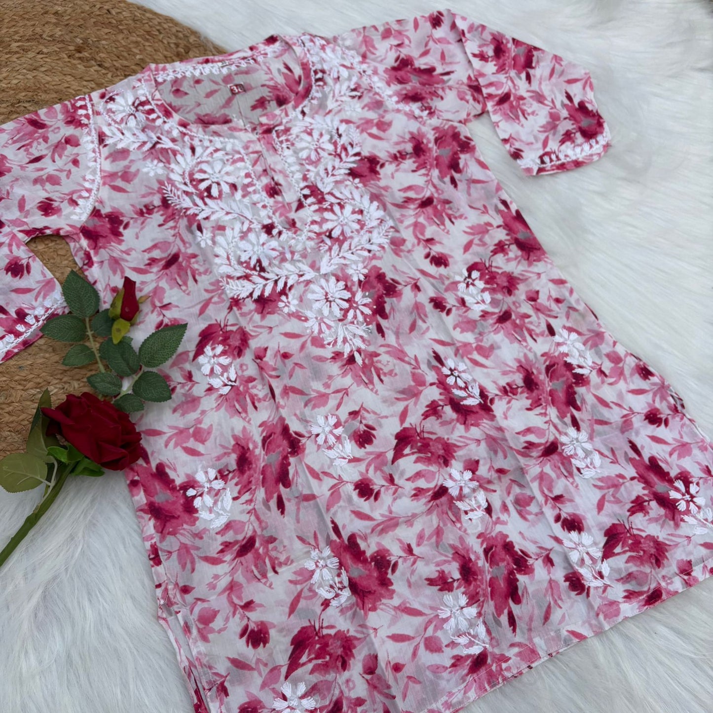 Asma Pure Mulmul Cotton Short Kurti - Pink Colour - Chikankaar