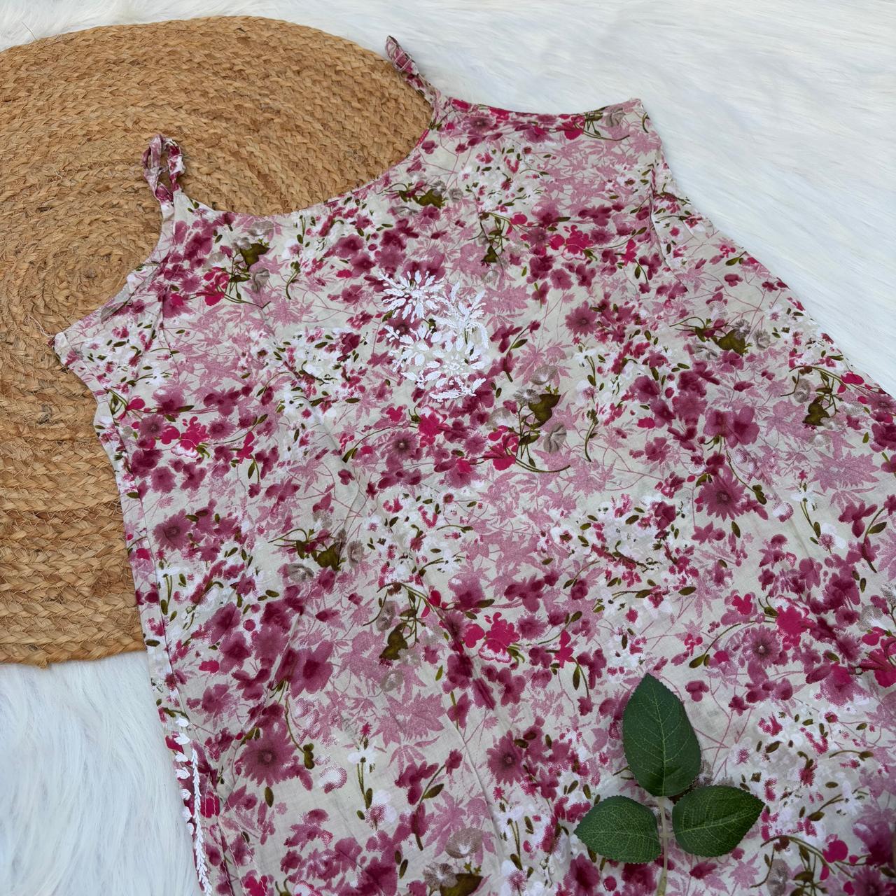 Hana Mulmul Chikankari Noodle Strap Short Kurti -Dark Pink colour (Length - 38")