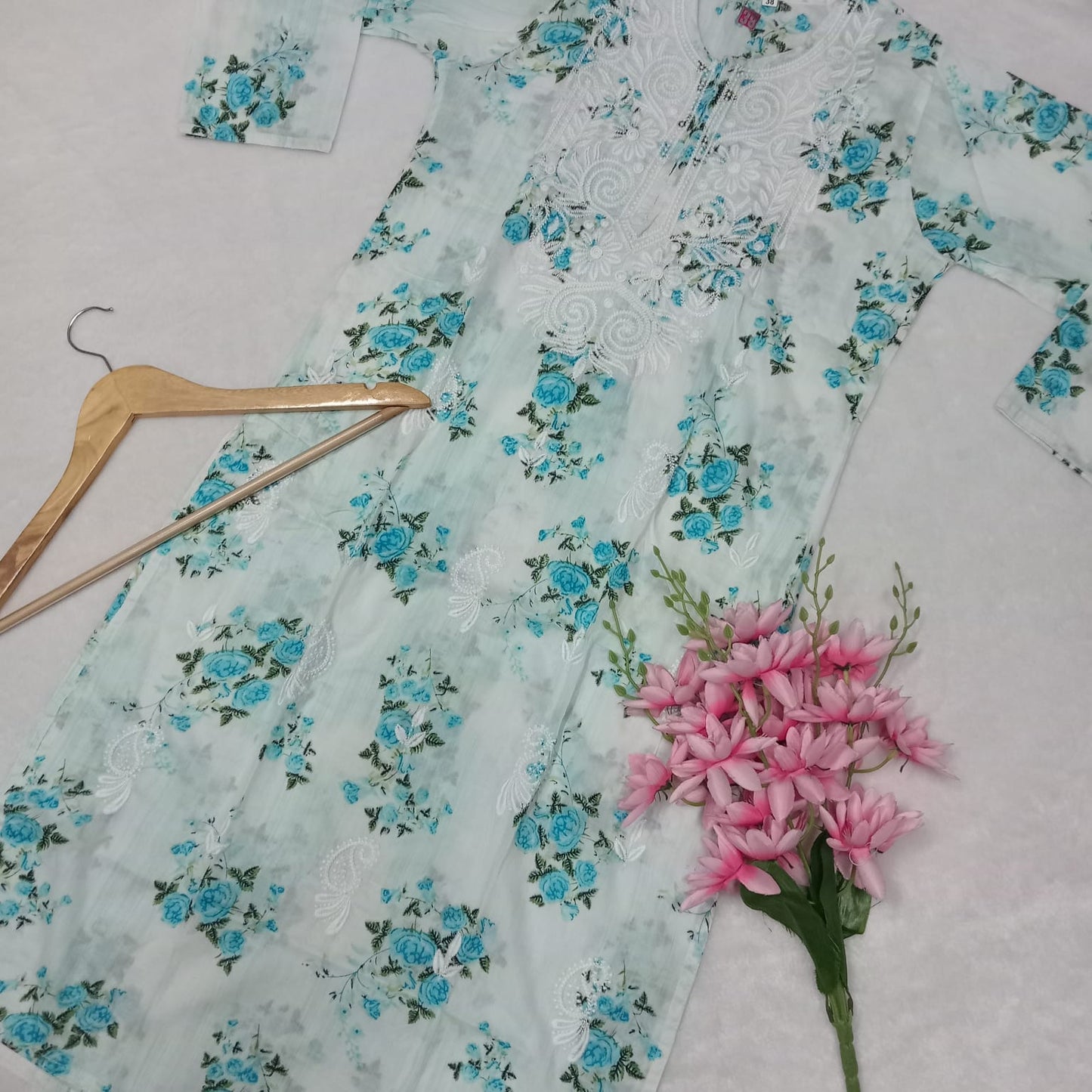 Mulmul Cotton Chikankari Machine Work Kurti -Sky Blue Colour - Chikankaar