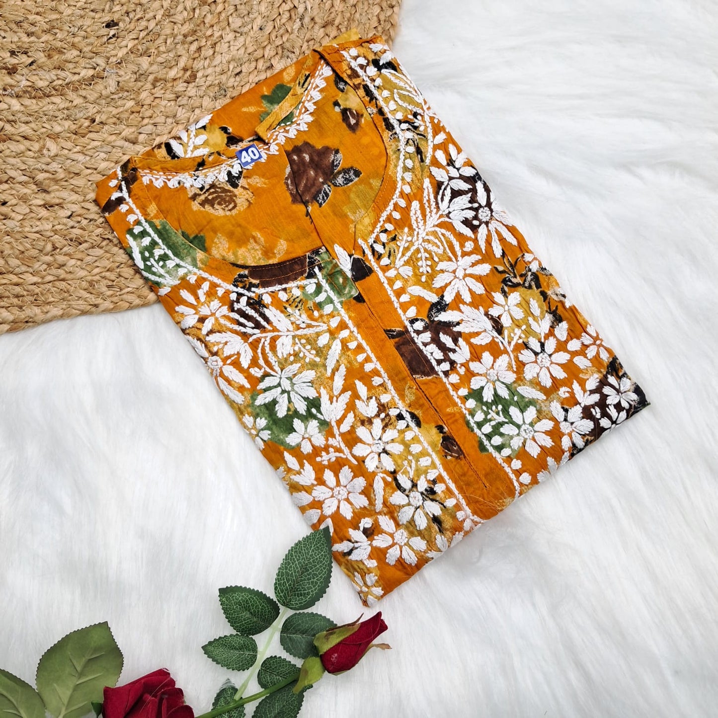 Dhanashree Inspired Mulmul Floral Printed Chikankari Handwork Kurti - Mustard Colour - Chikankaar