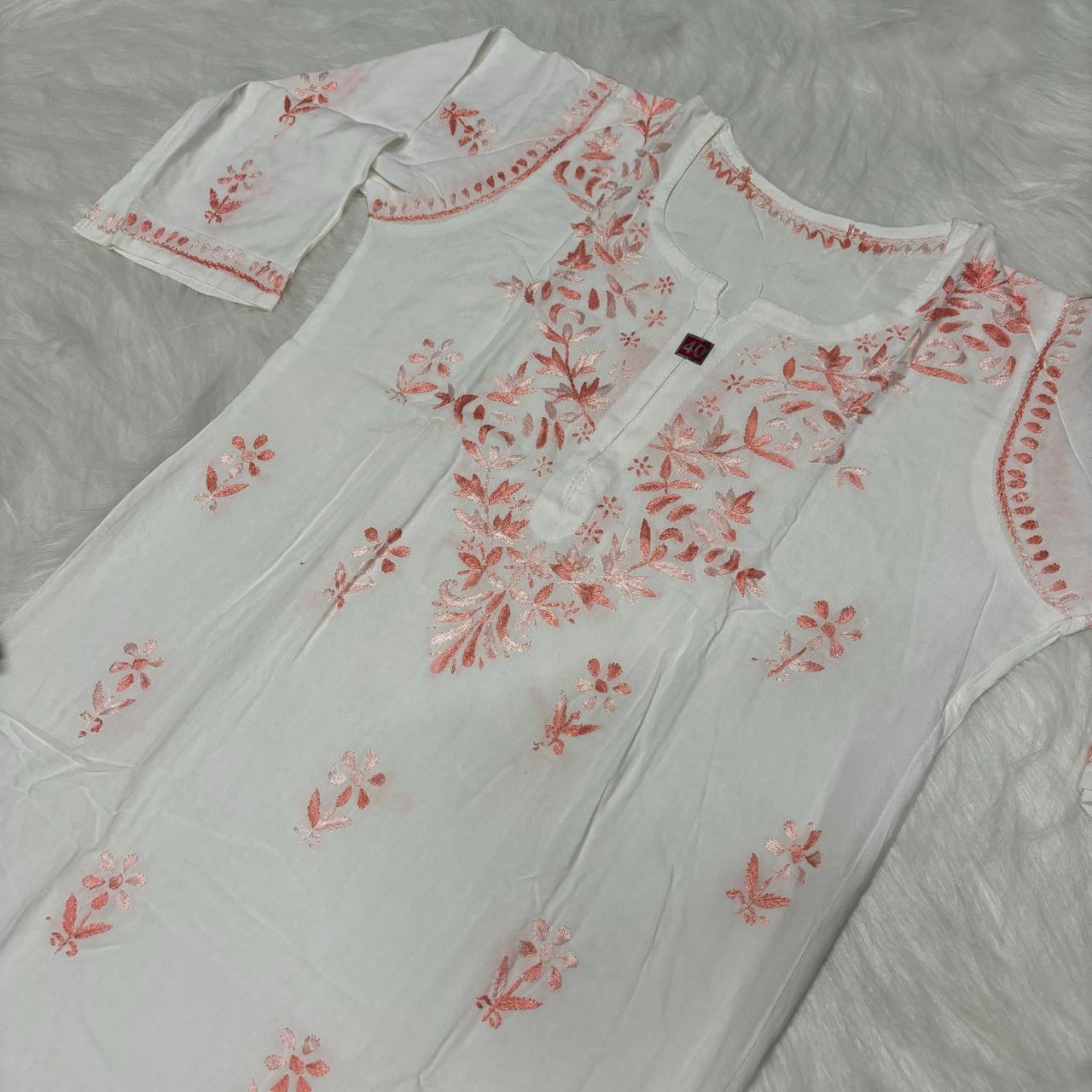 Aleena Rayon Chikankari Kurti Plazo Set - White Peach color - Chikankaar