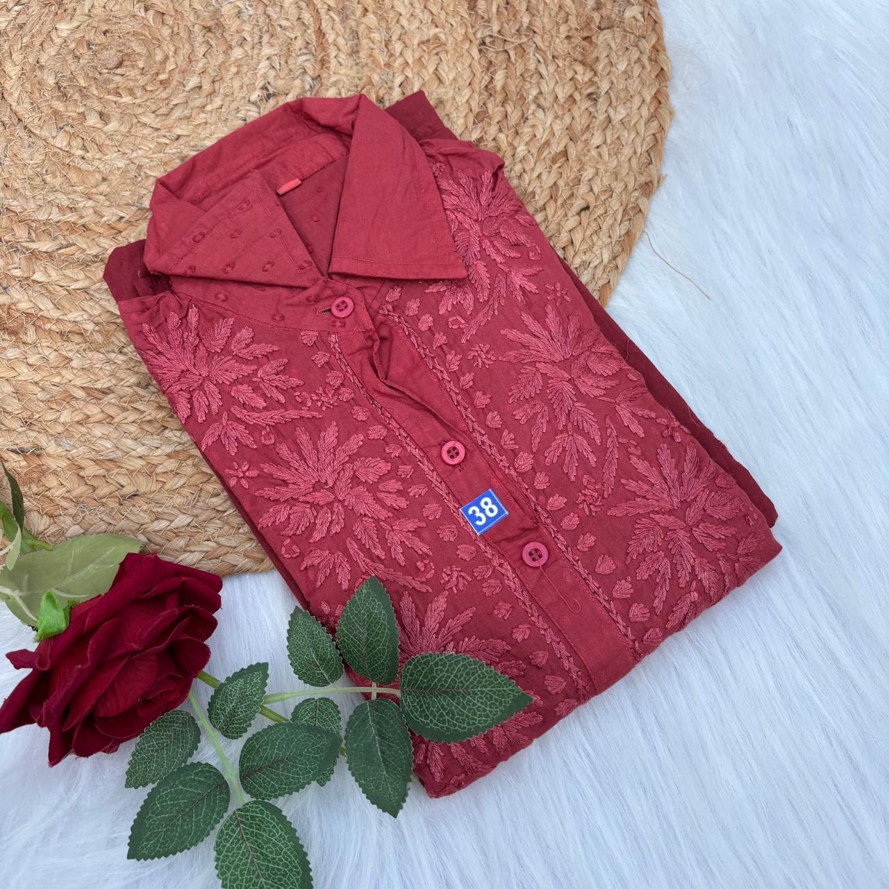 Sadia Dobby Cotton Ombre Shaded Chikankari Kurti with Collar - Red Colour
