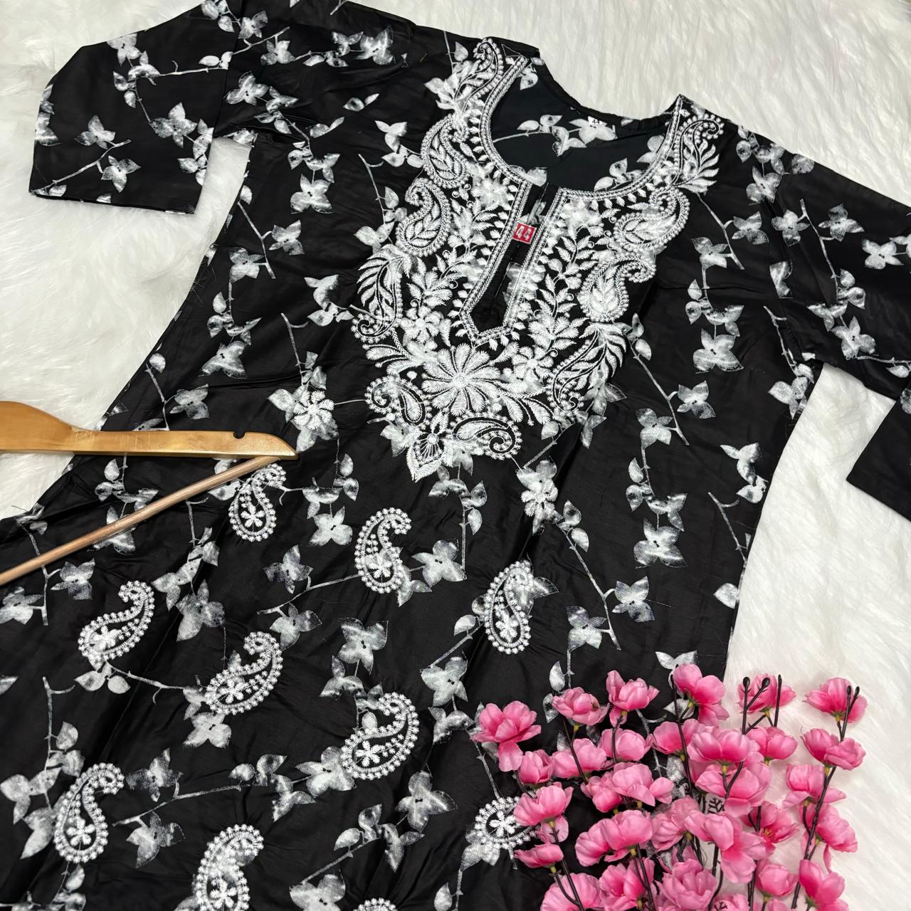Mulmul Cotton Chikankari Machine Work Kurti -Black Colour - Chikankaar