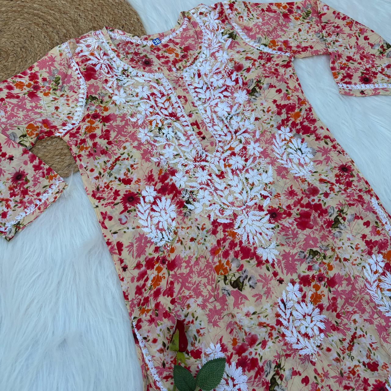 Fatima Pure Mulmul Chikankari Handwork Kurti - Red Colour - Chikankaar