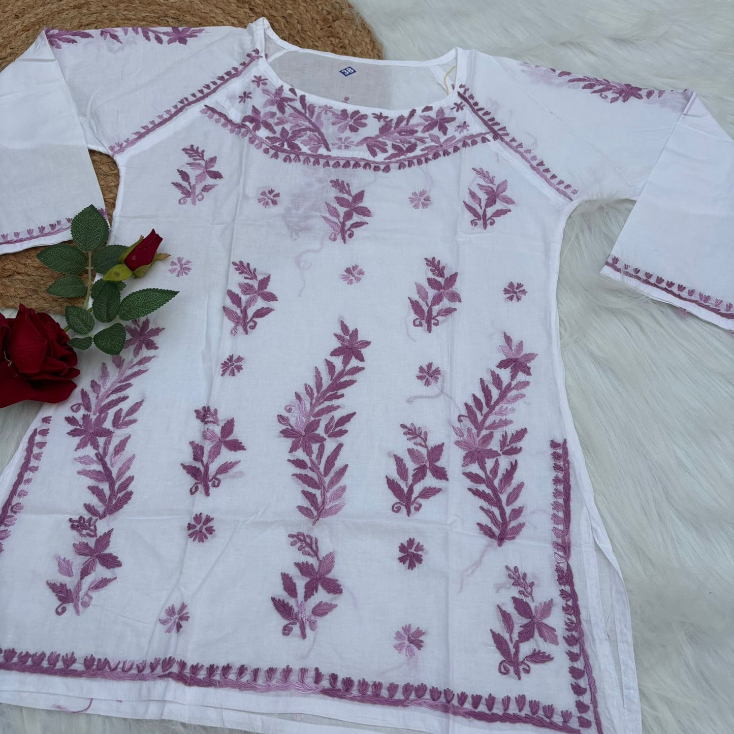 Alia Soft Rayon Chikankari Short Kurti - White Mauve Color - Chikankaar