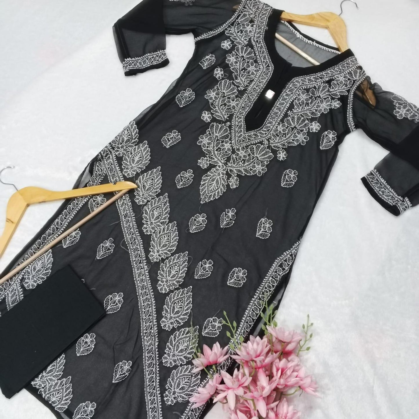 Graceful Georgette Chikankari Cross Panel Kurti With Inner - Black Colour - Chikankaar