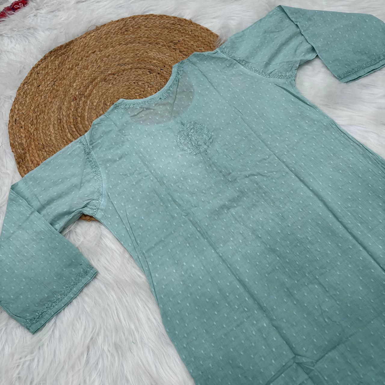Farah Ombre Shaded Dobby Cotton Chikankari Kurti - Pista green colour