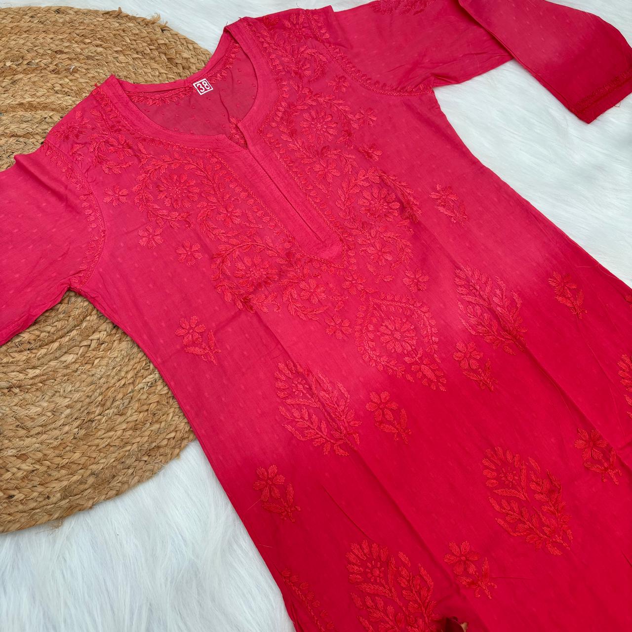 Tuba Ombre Shaded Dobby Cotton Chikankari Kurti - Dark Gazri colour - Chikankaar