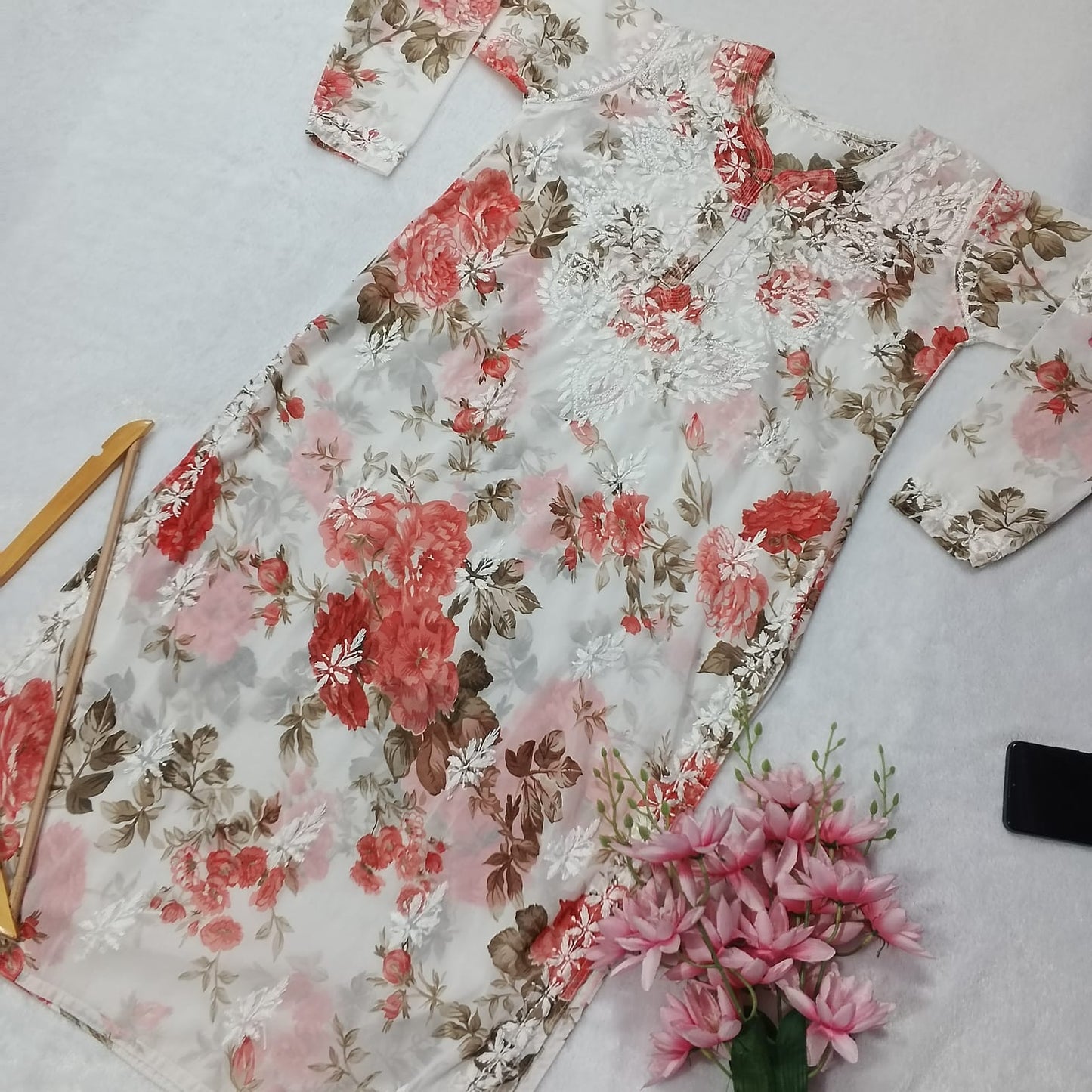 Chikankari Georgette Floral Printed Kurti- Red Colour - Chikankaar