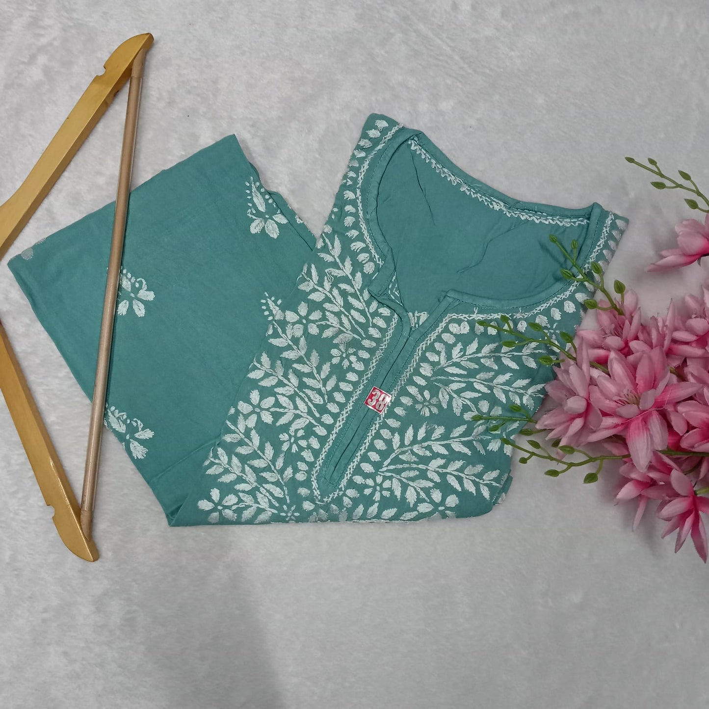 Soft Rayon Chikankari Ghaspatti Work Kurti -Aqua Lake Colour - Chikankaar
