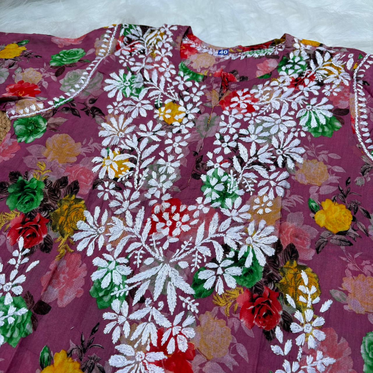 Dhanashree Inspired Mulmul Floral Printed Chikankari Handwork Kurti -Fuschia Colour - Chikankaar