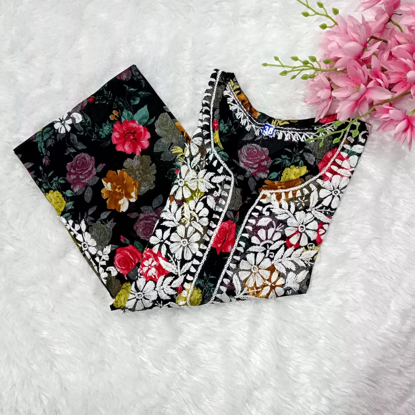 Dhanashree Inspired Mulmul Floral Printed Chikankari Handwork Kurti -Black Colour - Chikankaar
