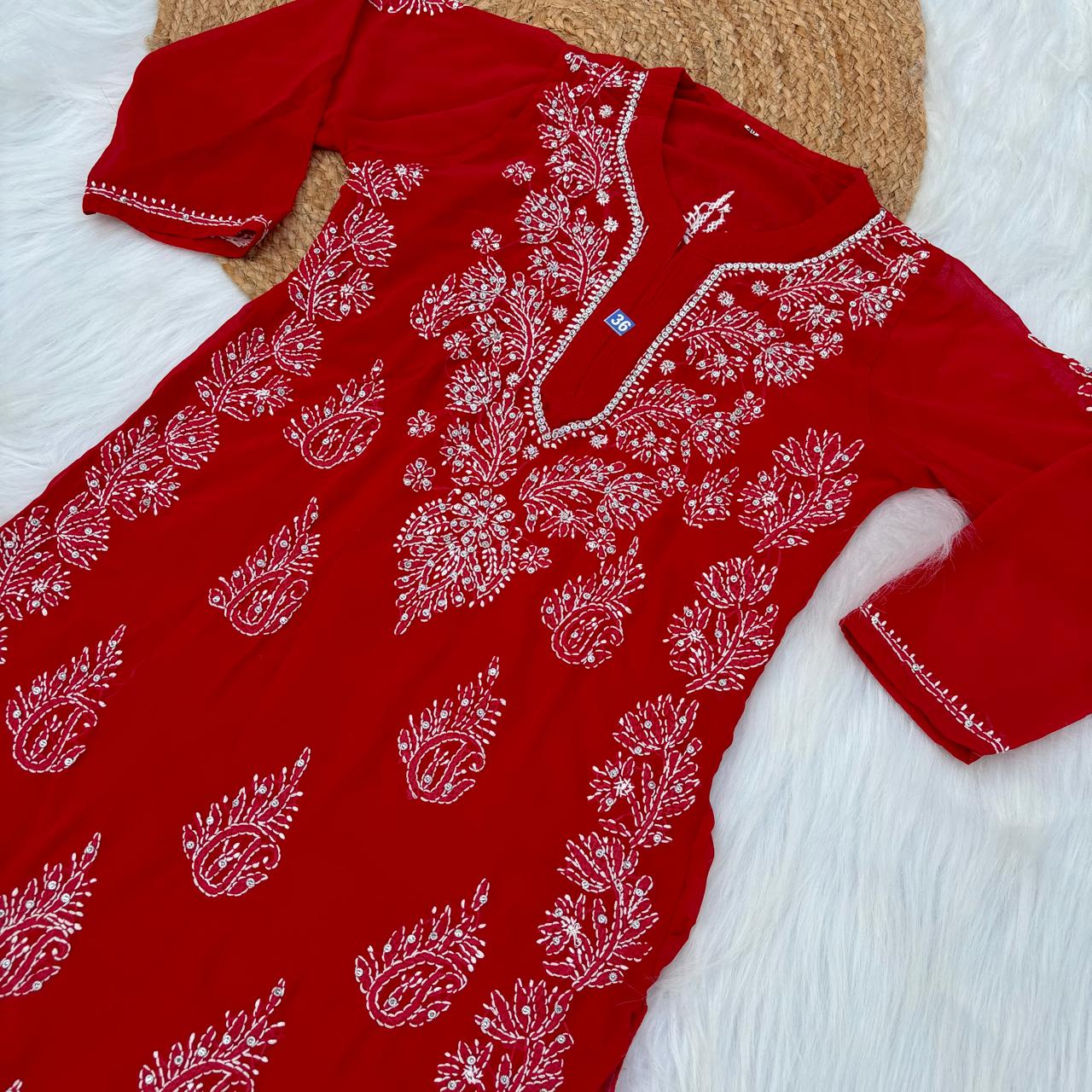 Stone Work Georgette Chikankari Kurti - Red Colour - Chikankaar