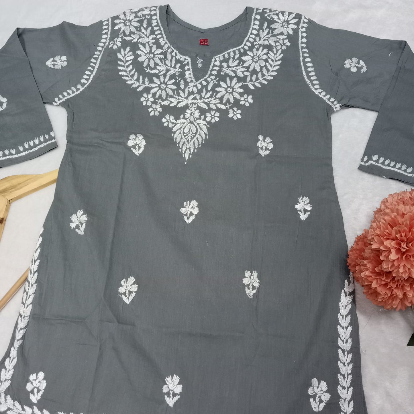 Cotton Chikankari Handwork Short Kurti -Grey Colour - Chikankaar