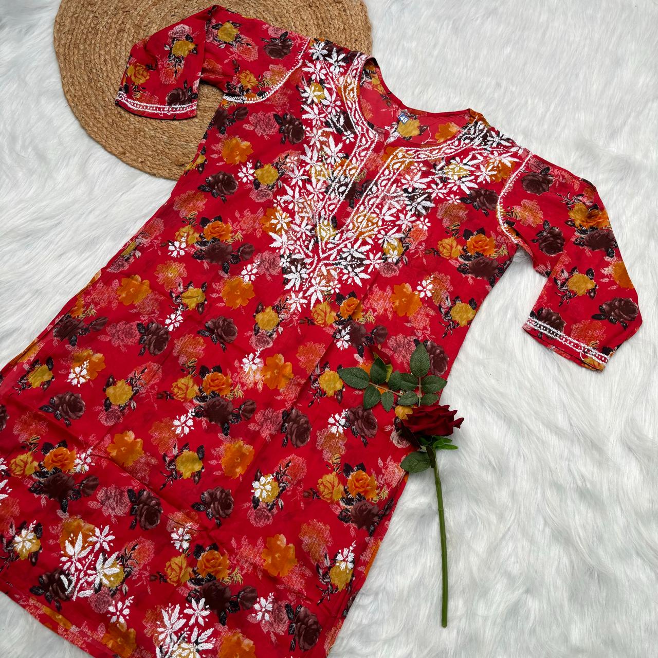 Plus size special-Dhanashree Inspired Mulmul Floral Printed Chikankari Handwork Kurti -Red Colour - Chikankaar