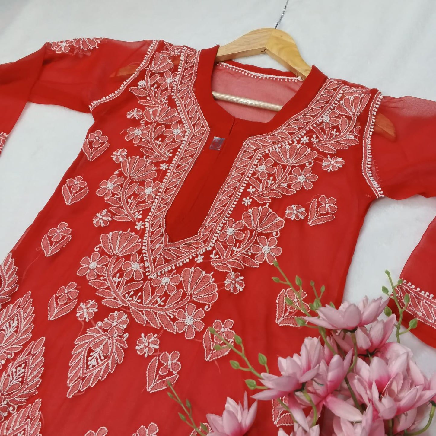 Graceful Georgette Chikankari Cross Panel Kurti With Inner - Red Colour - Chikankaar