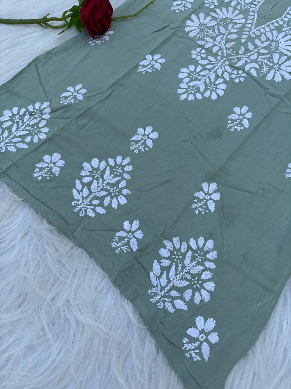 Ina Soft Rayon Handwork Chikankari Short Kurti - Pista Colour